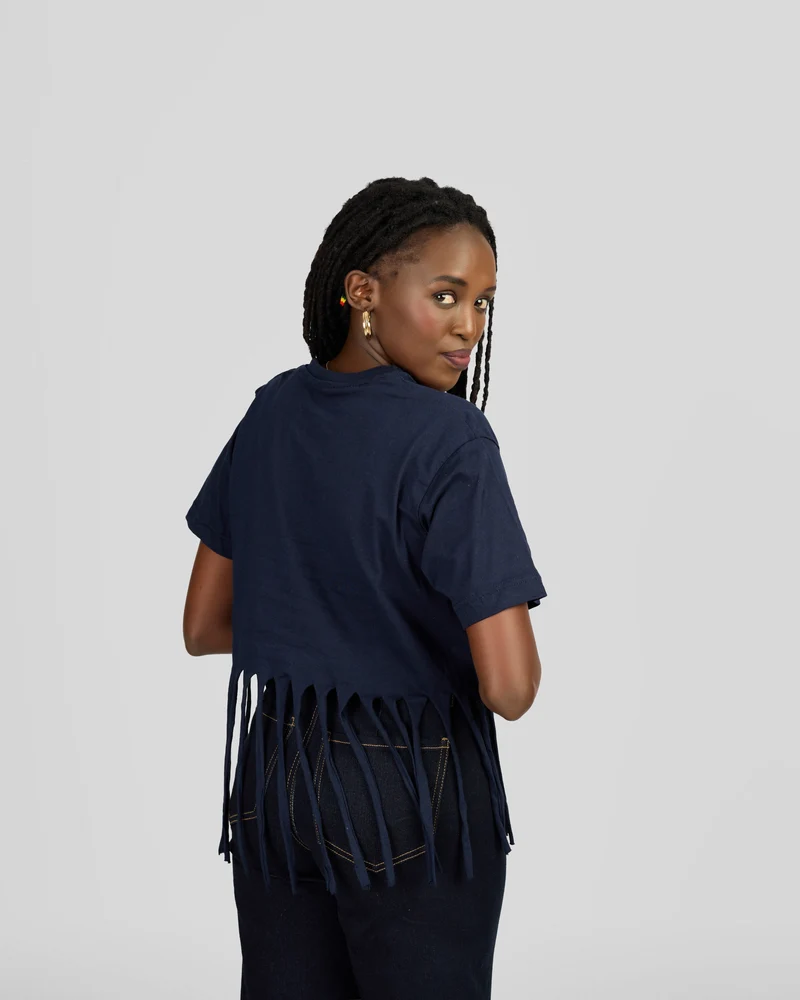 Women’s Stylish Fringe Navy Blue T-Shirt Top – Casual Short Sleeve Statement Top