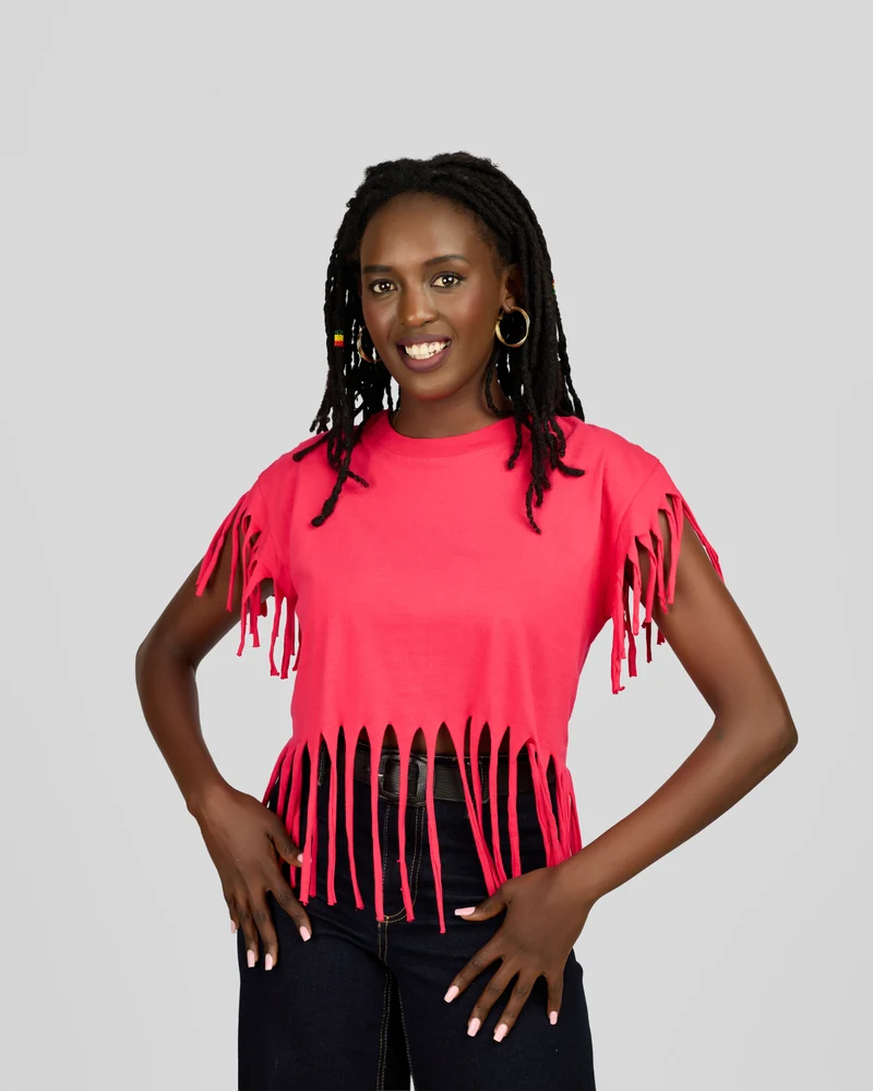 Women’s Stylish Fringe Pink T-Shirt Top – Casual Short Sleeve Statement Top