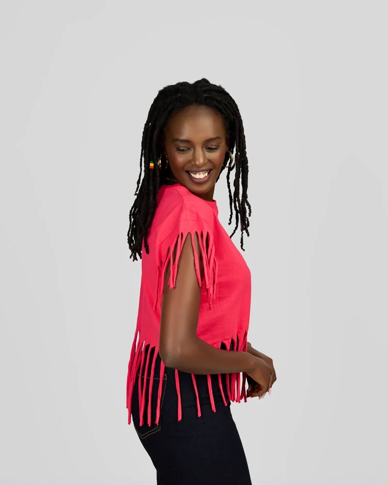 Women’s Stylish Fringe Pink T-Shirt Top – Casual Short Sleeve Statement Top