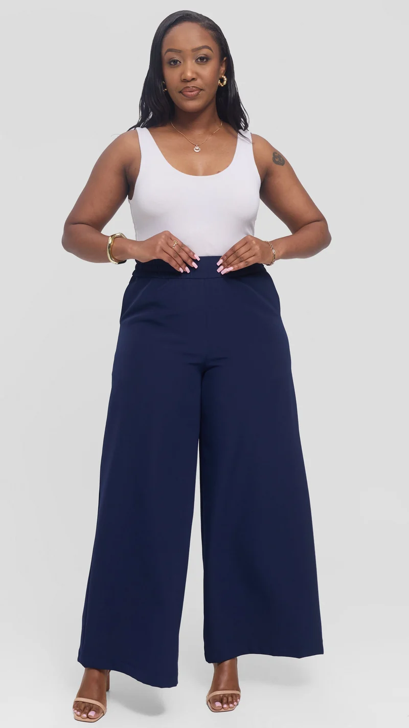 Vivo Elastic Waist Wide Pants in Crepe - Navy