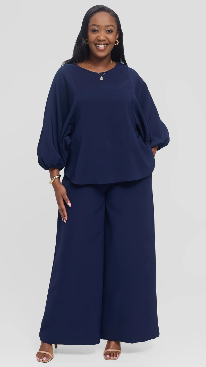 Vivo Elastic Waist Wide Pants in Crepe - Navy