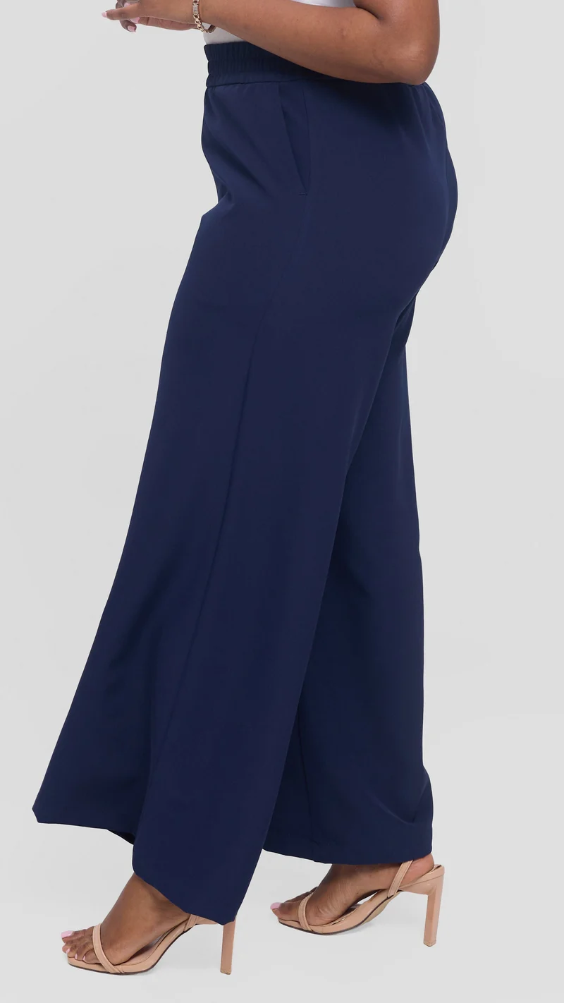 Vivo Elastic Waist Wide Pants in Crepe - Navy
