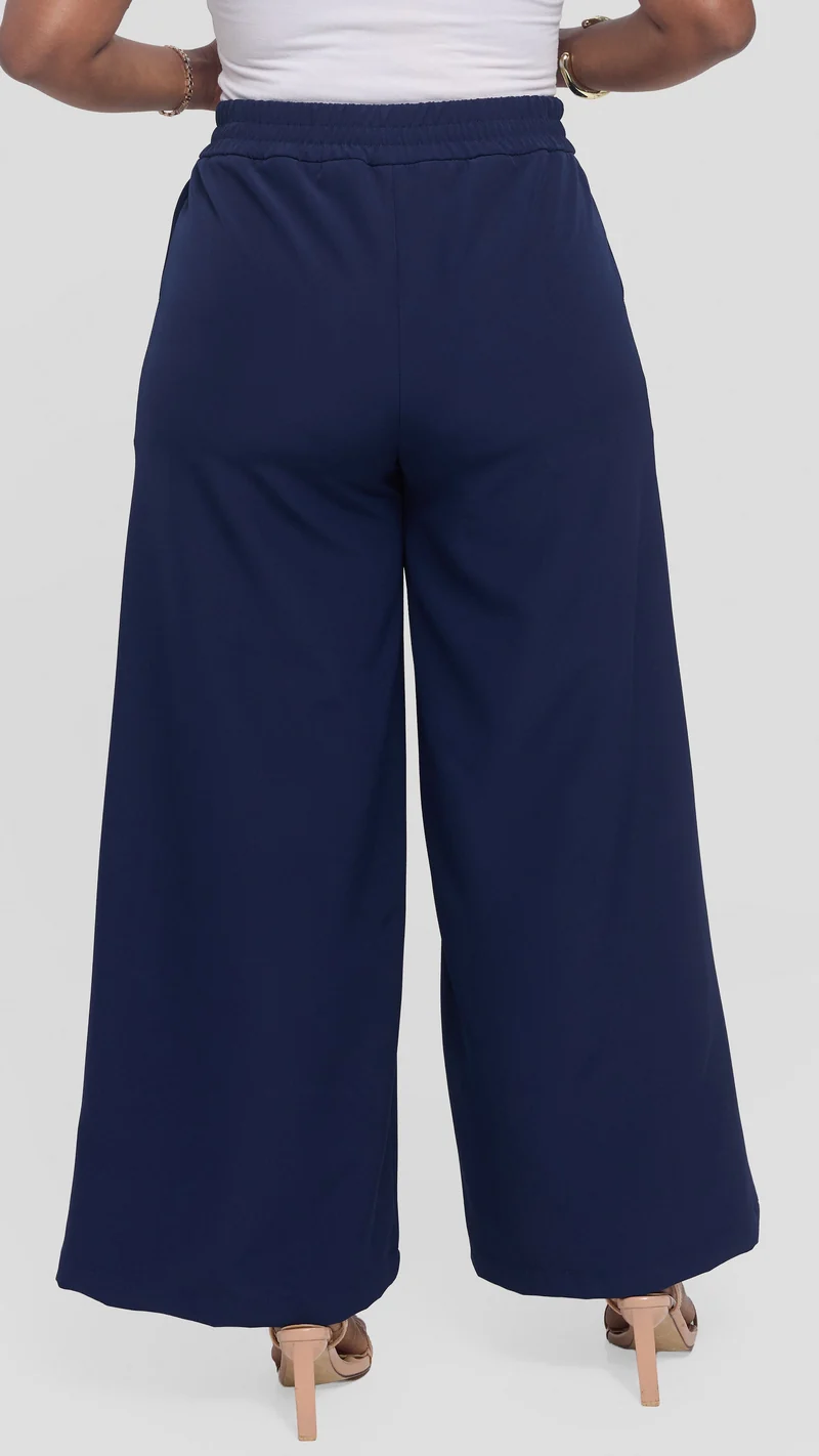 Vivo Elastic Waist Wide Pants in Crepe - Navy