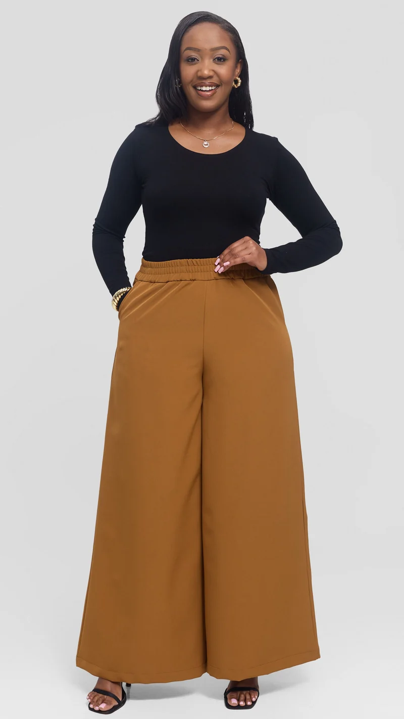 Vivo Elastic Waist Wide Pants in Crepe - Drak Mustard