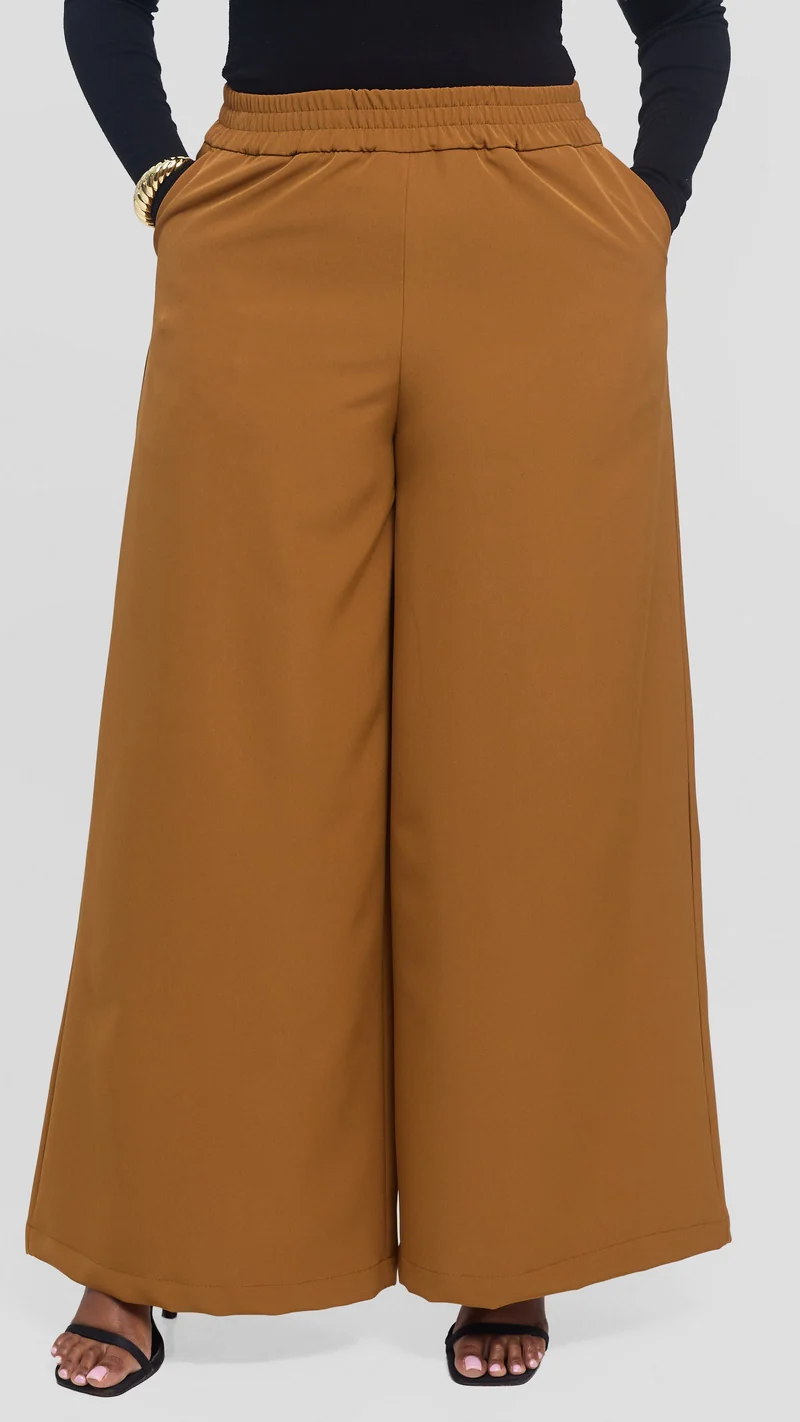 Vivo Elastic Waist Wide Pants in Crepe - Drak Mustard
