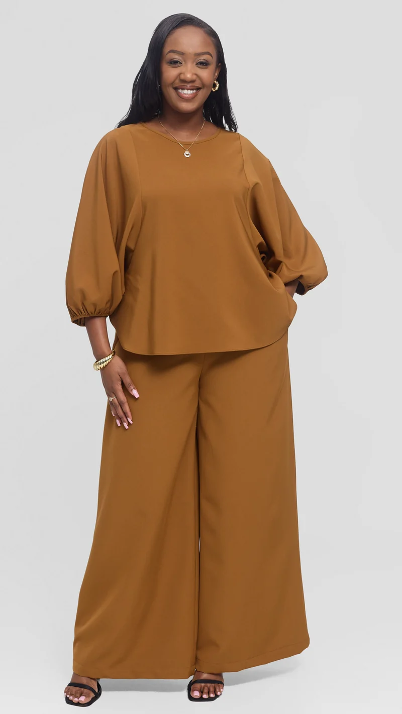 Vivo Elastic Waist Wide Pants in Crepe - Drak Mustard