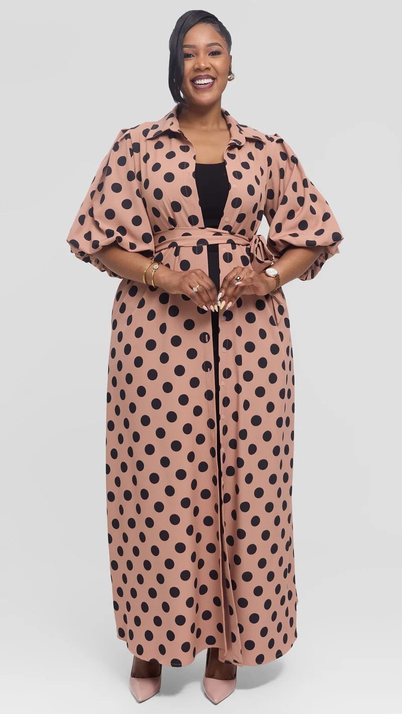 Vivo Esna Bubble Sleeve Maxi Dress in Crepe - Rose Pink / Black Polka Dot