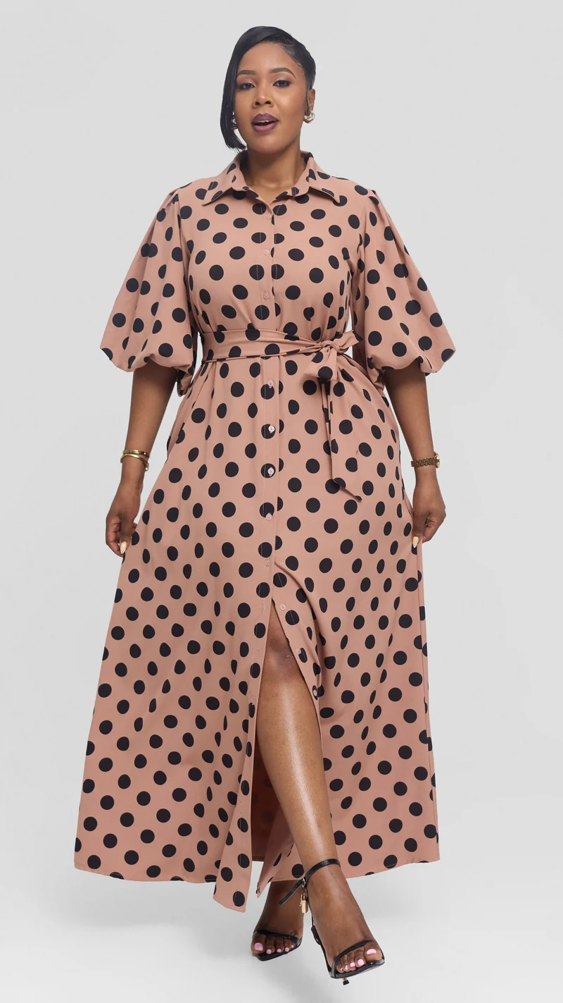 Vivo Esna Bubble Sleeve Maxi Dress in Crepe - Rose Pink / Black Polka Dot