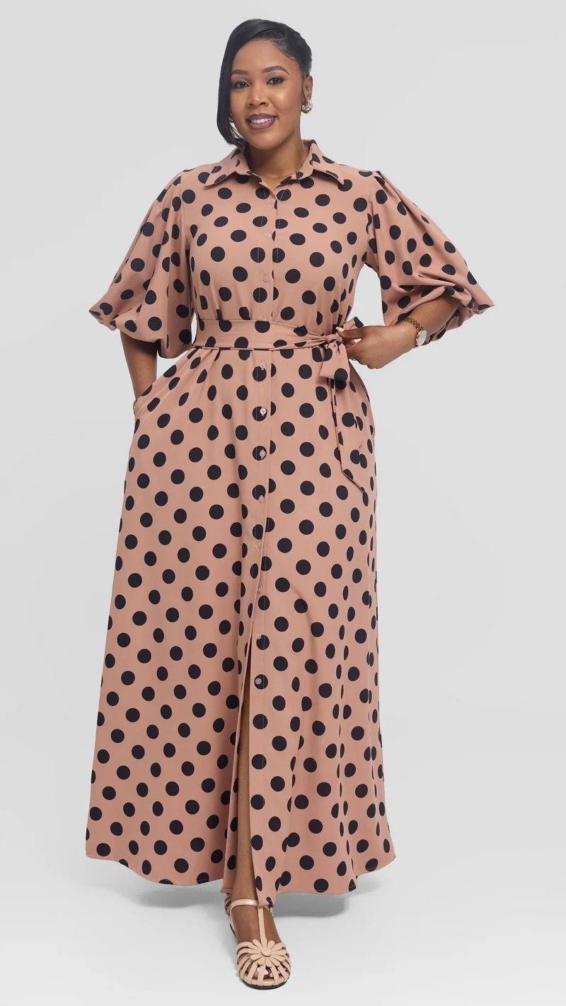 Vivo Esna Bubble Sleeve Maxi Dress in Crepe - Rose Pink / Black Polka Dot