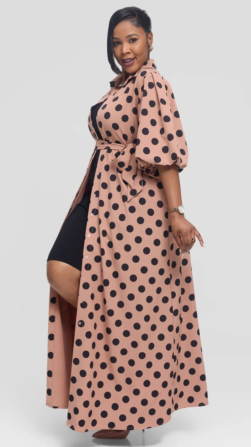 Vivo Esna Bubble Sleeve Maxi Dress in Crepe - Rose Pink / Black Polka Dot