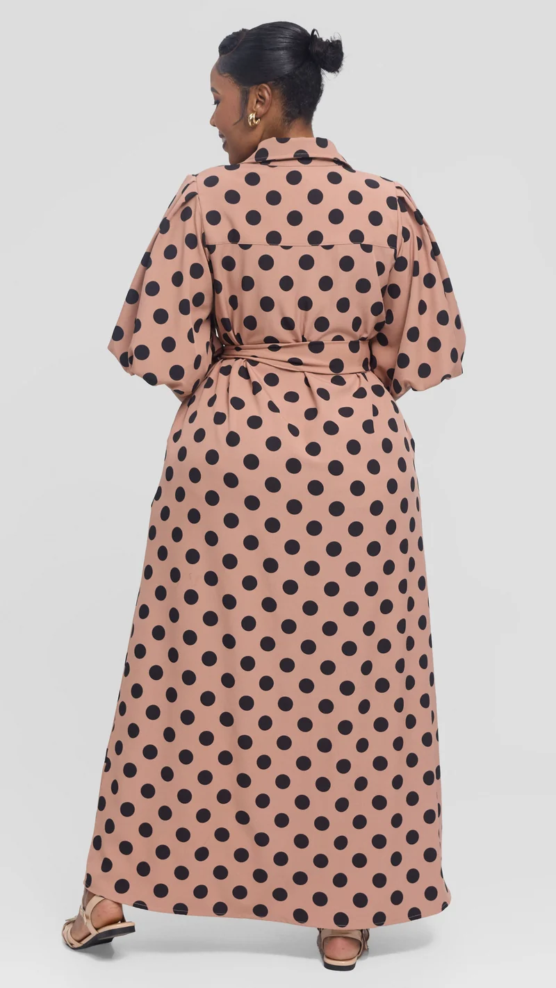 Vivo Esna Bubble Sleeve Maxi Dress in Crepe - Rose Pink / Black Polka Dot