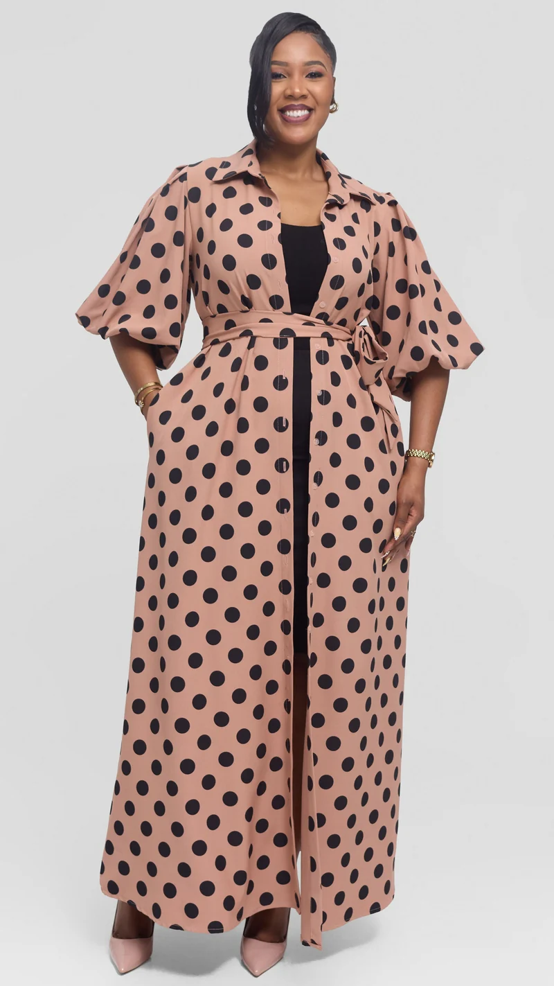 Vivo Esna Bubble Sleeve Maxi Dress in Crepe - Rose Pink / Black Polka Dot