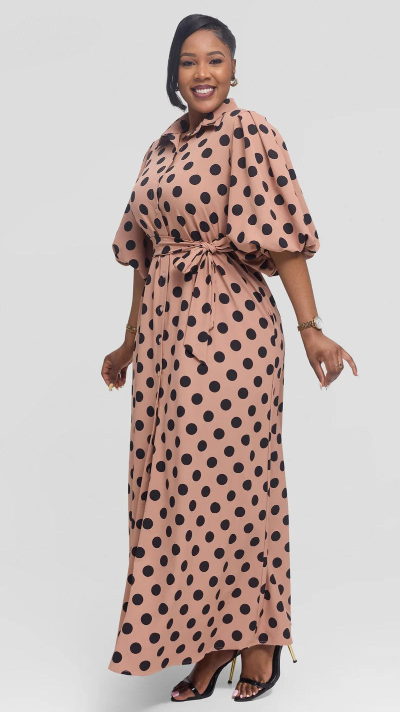 Vivo Esna Bubble Sleeve Maxi Dress in Crepe - Rose Pink / Black Polka Dot