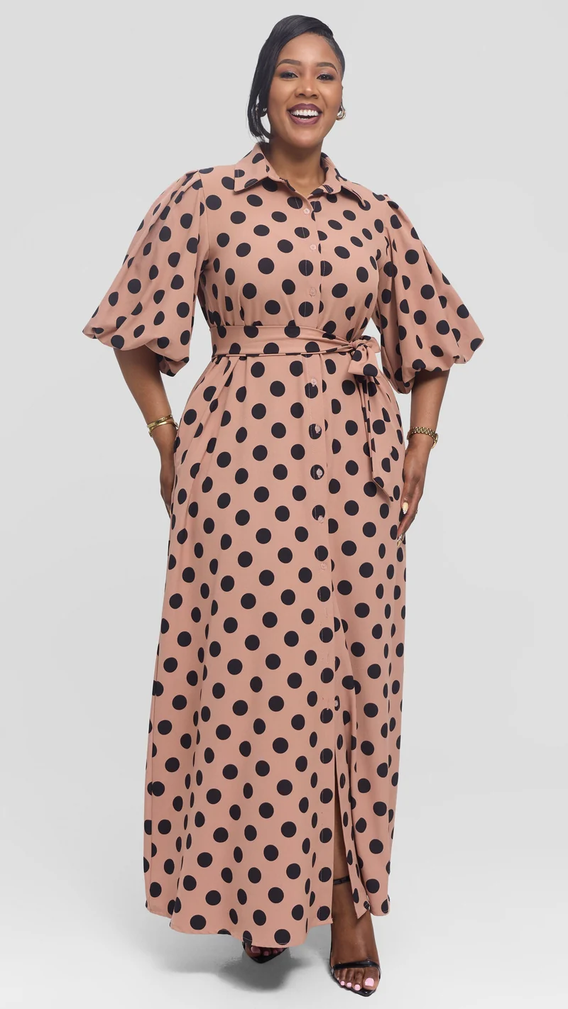 Vivo Esna Bubble Sleeve Maxi Dress in Crepe - Rose Pink / Black Polka Dot