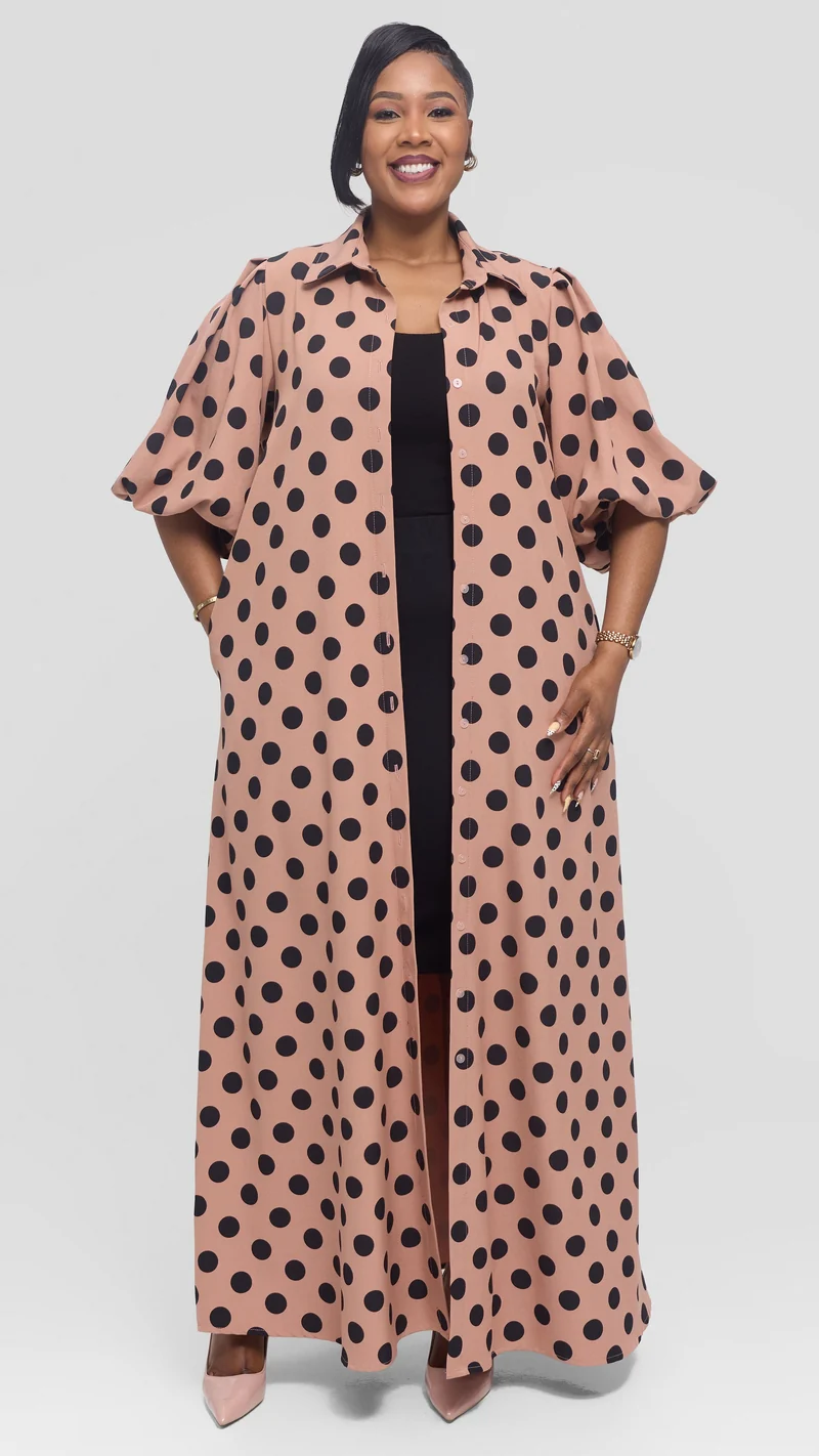 Vivo Esna Bubble Sleeve Maxi Dress in Crepe - Rose Pink / Black Polka Dot