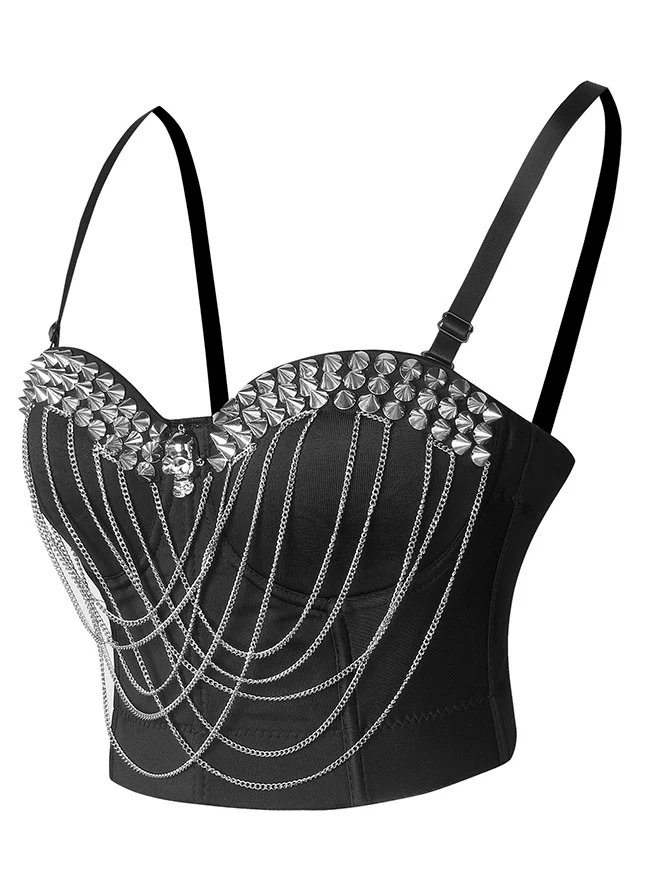 Punk Nieten Ketten Spaghettiträger Totenkopf Bustier BH Korsett Top