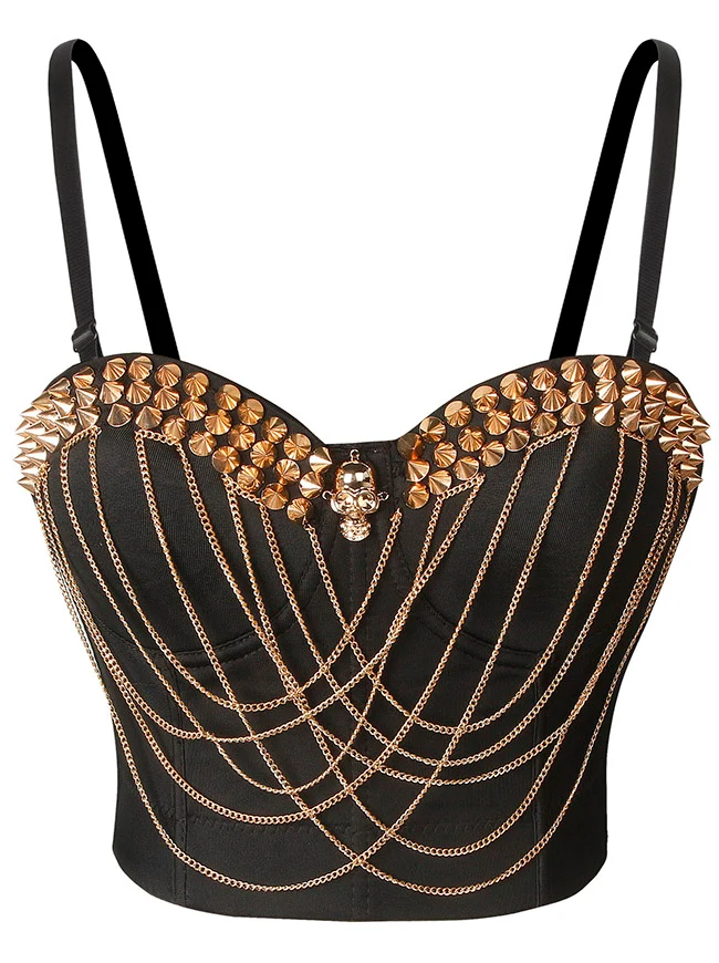 Punk Nieten Ketten Spaghettiträger Totenkopf Bustier BH Korsett Top