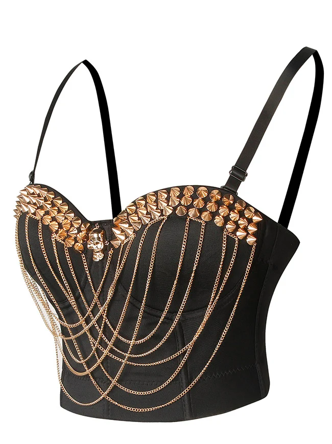 Punk Nieten Ketten Spaghettiträger Totenkopf Bustier BH Korsett Top