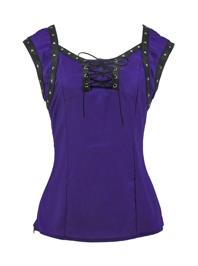 Retro Gothic Schnürung ärmelloses Patchwork Crepe Casual Bluse Top