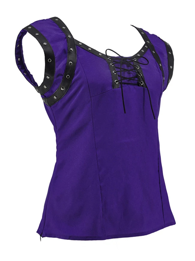 Retro Gothic Schnürung ärmelloses Patchwork Crepe Casual Bluse Top