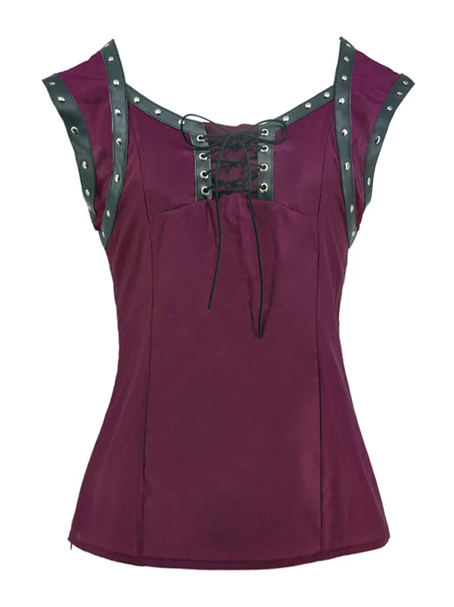 Retro Gothic Schnürung ärmelloses Patchwork Crepe Casual Bluse Top