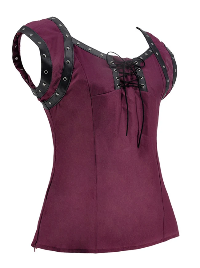 Retro Gothic Schnürung ärmelloses Patchwork Crepe Casual Bluse Top