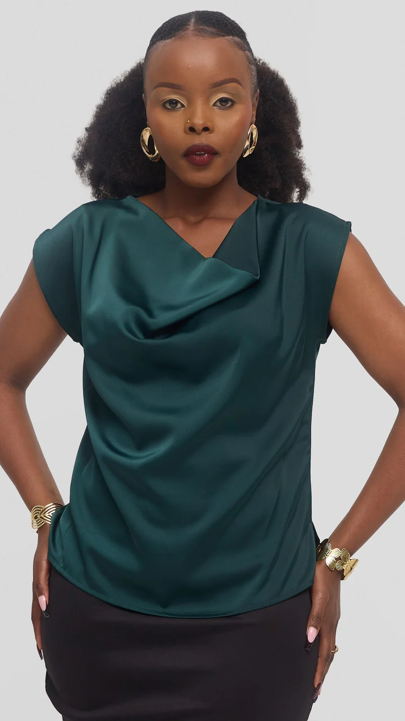 Vivo Drop Shoulder Cowl Top in Satin - Dark Green