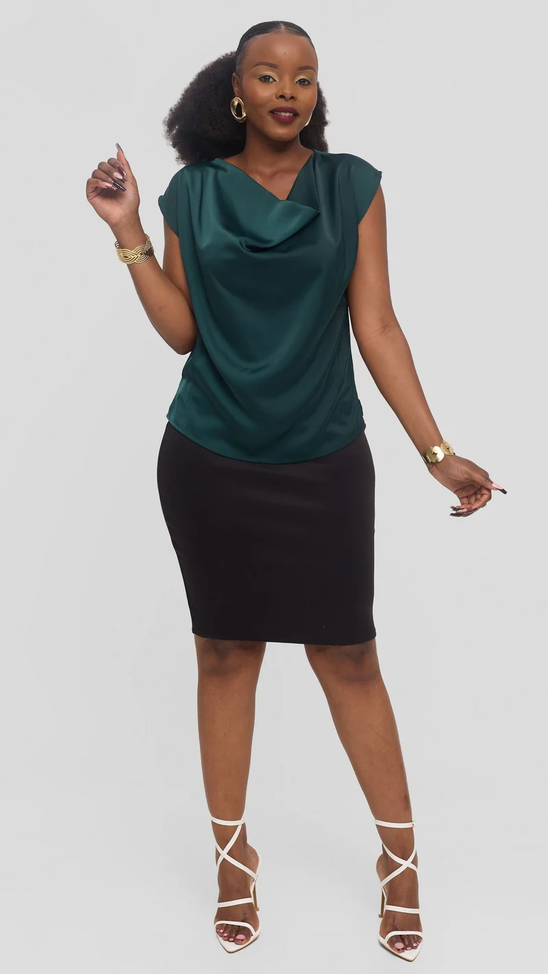 Vivo Drop Shoulder Cowl Top in Satin - Dark Green