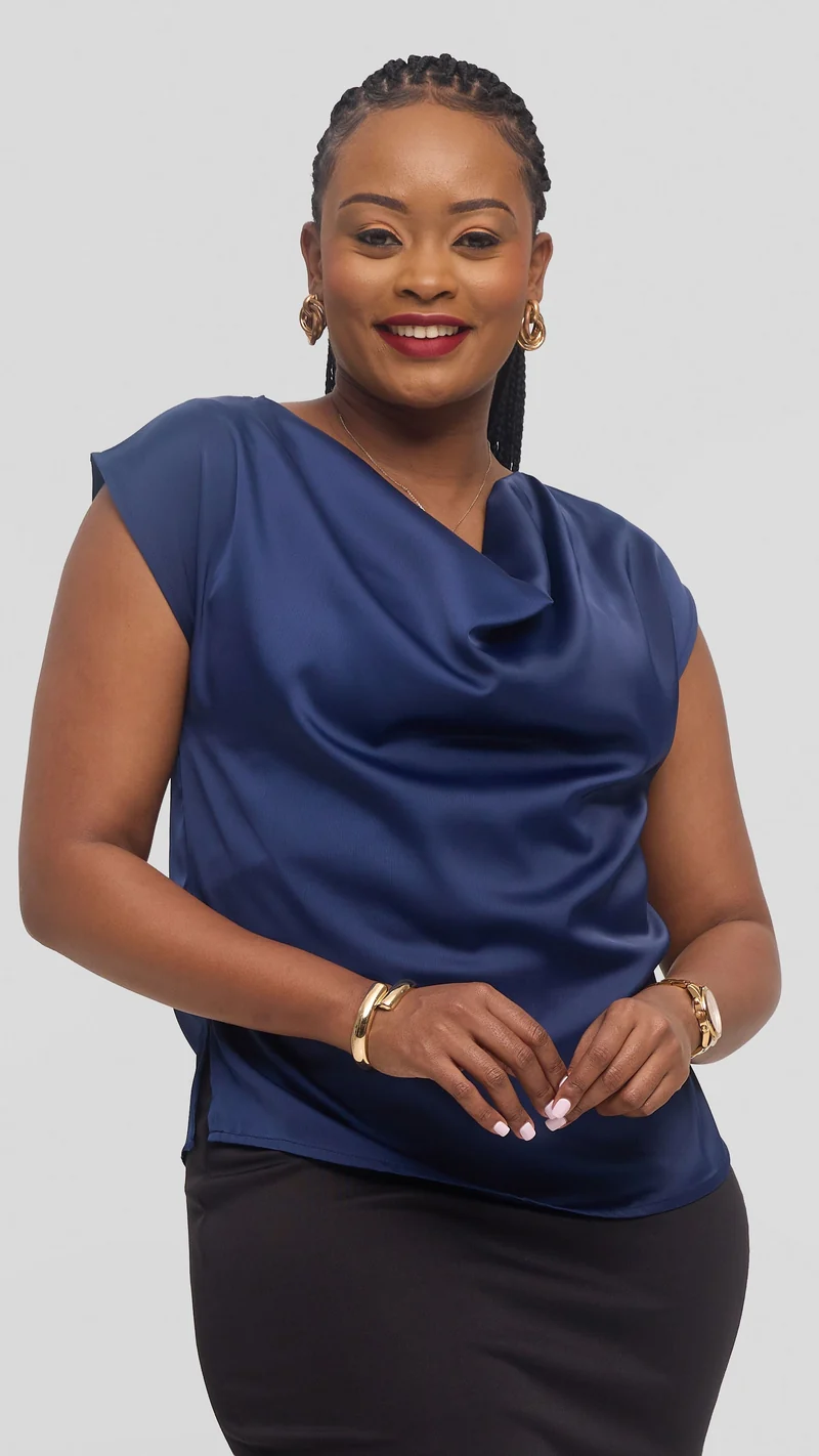 Vivo Drop Shoulder Cowl Top in Satin - Navy Blue