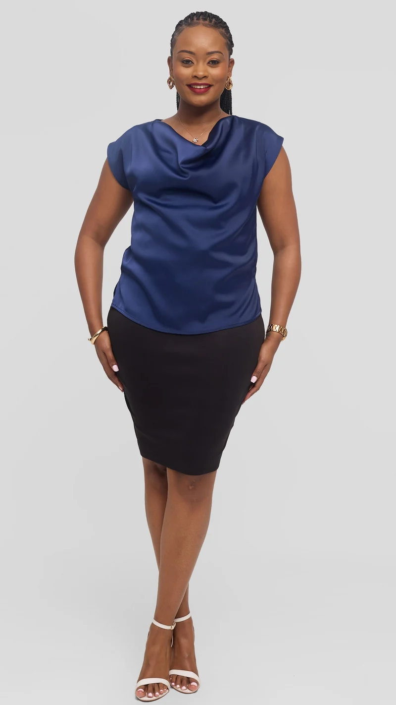 Vivo Drop Shoulder Cowl Top in Satin - Navy Blue