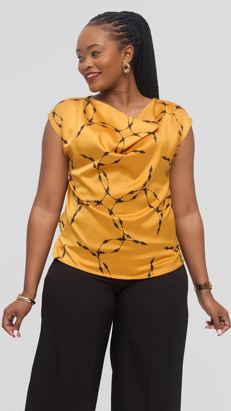Vivo Drop Shoulder Cowl Top in Satin - Light Mustard / Black Shina Print