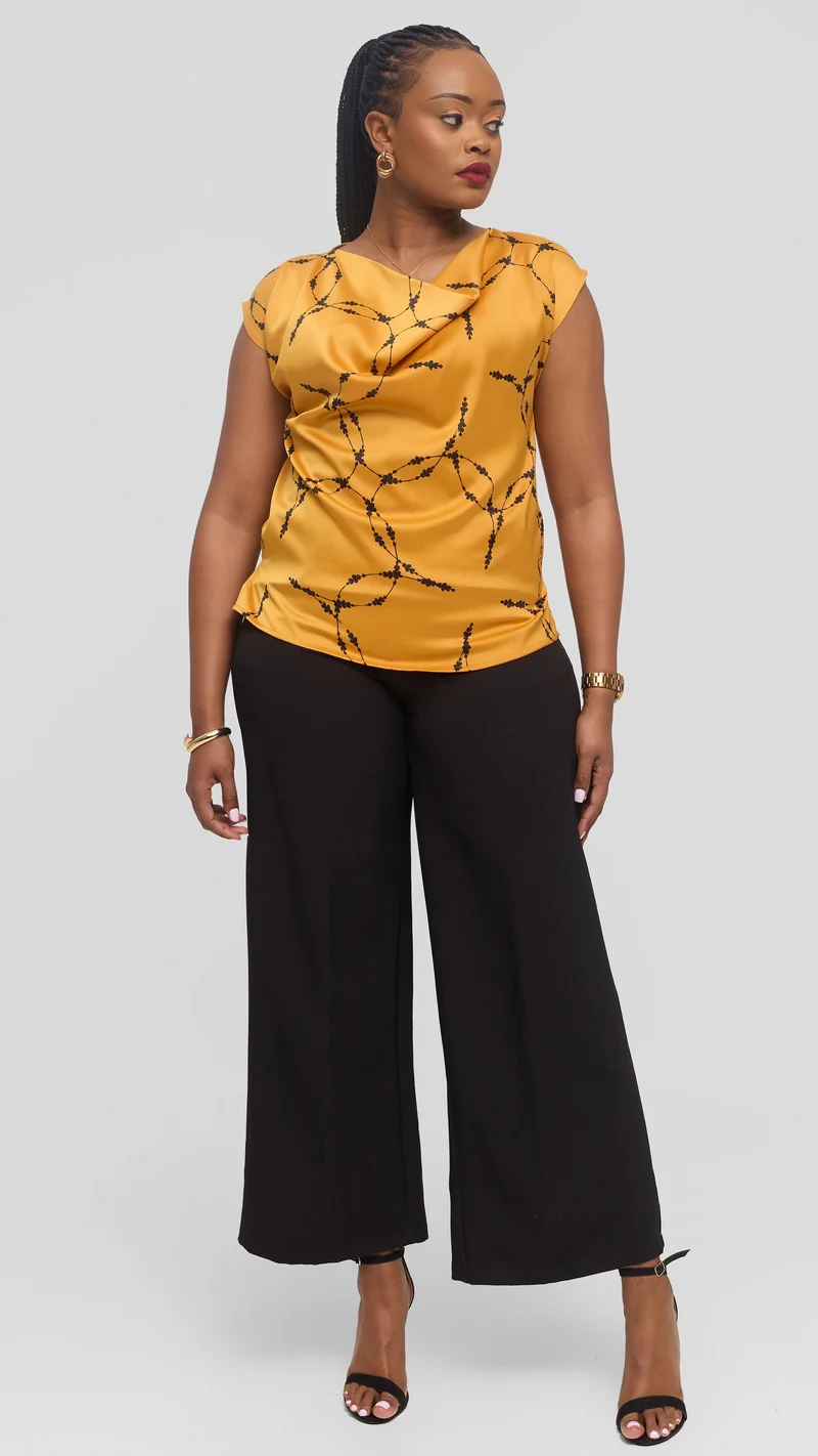 Vivo Drop Shoulder Cowl Top in Satin - Light Mustard / Black Shina Print