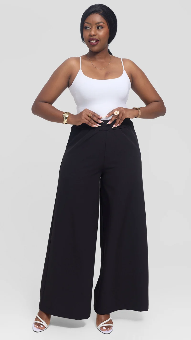 Vivo Elastic Waist Wide Pants in Crepe - Black