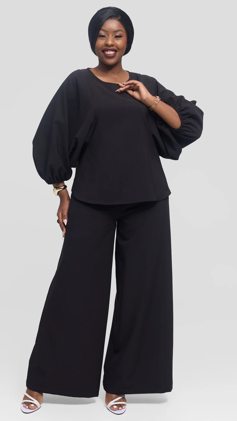 Vivo Elastic Waist Wide Pants in Crepe - Black