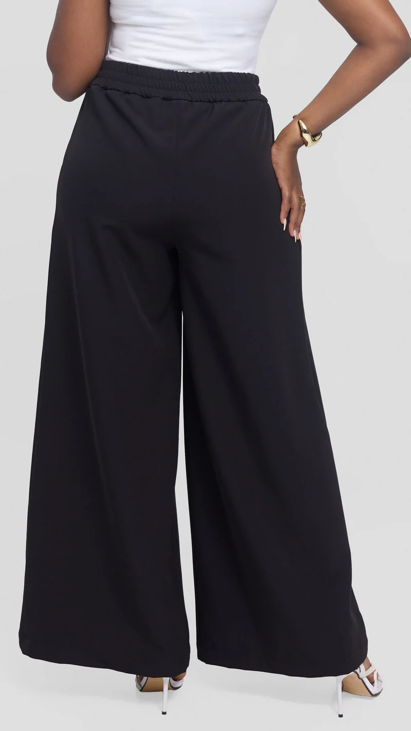 Vivo Elastic Waist Wide Pants in Crepe - Black