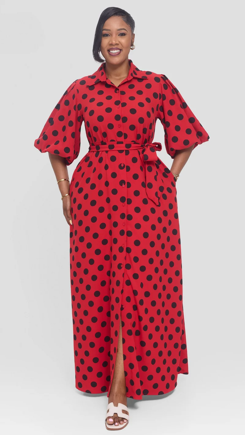 Vivo Esna Bubble Sleeve Maxi Dress in Crepe - Red / Black Polka Dot