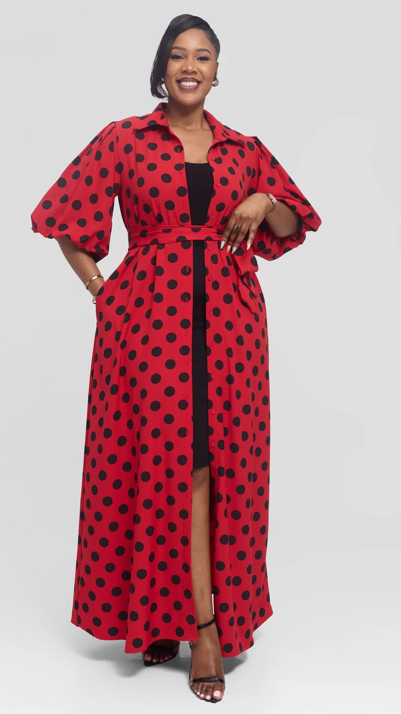 Vivo Esna Bubble Sleeve Maxi Dress in Crepe - Red / Black Polka Dot