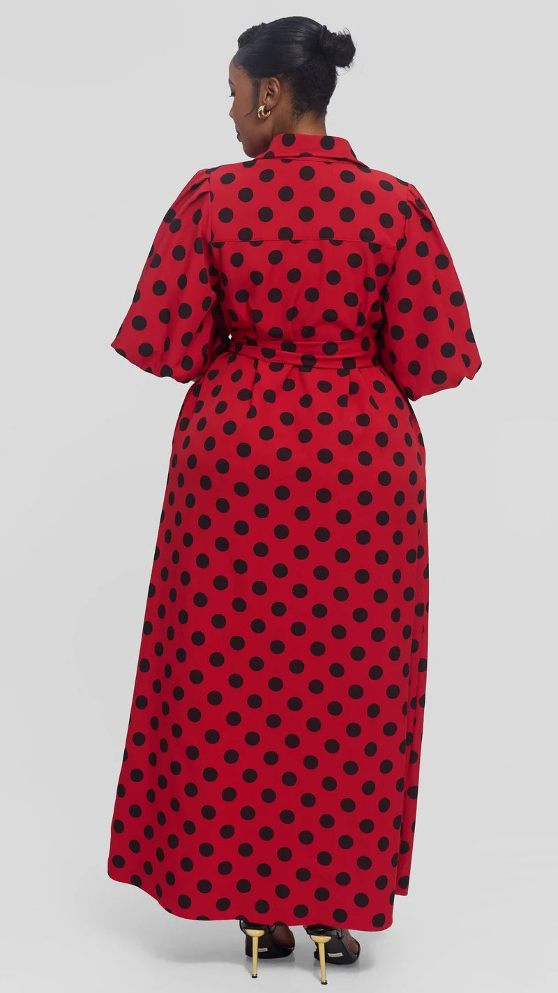 Vivo Esna Bubble Sleeve Maxi Dress in Crepe - Red / Black Polka Dot