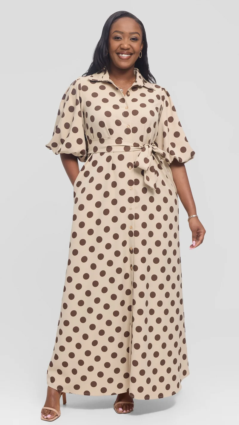Vivo Esna Bubble Sleeve Maxi Dress in Crepe - Beige / Brown Polka Dot