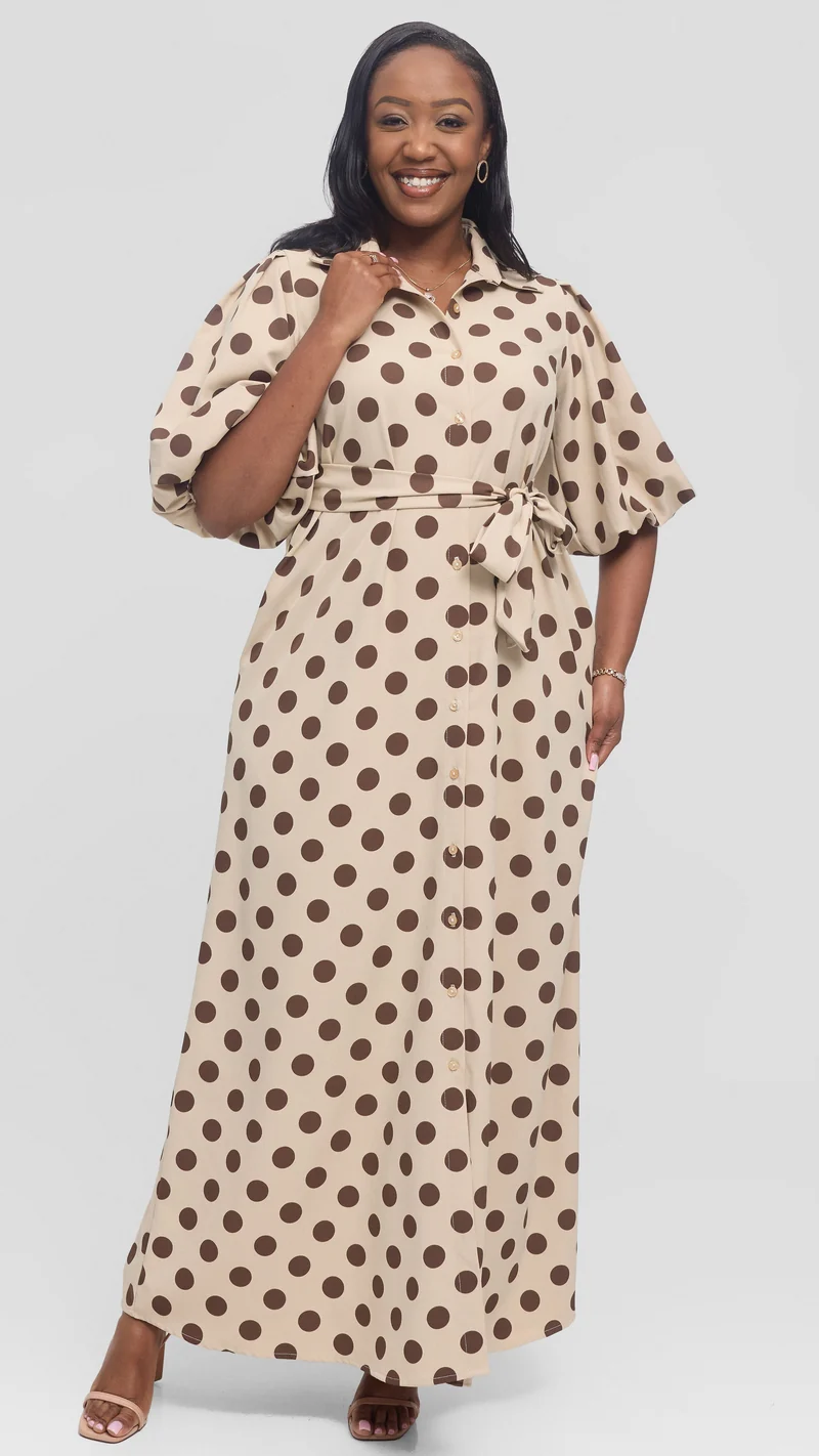 Vivo Esna Bubble Sleeve Maxi Dress in Crepe - Beige / Brown Polka Dot