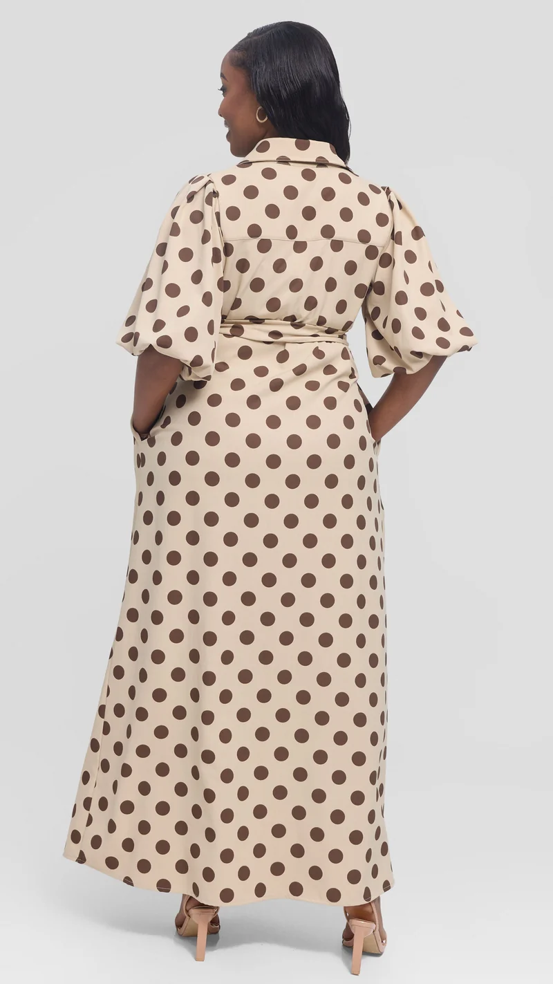 Vivo Esna Bubble Sleeve Maxi Dress in Crepe - Beige / Brown Polka Dot