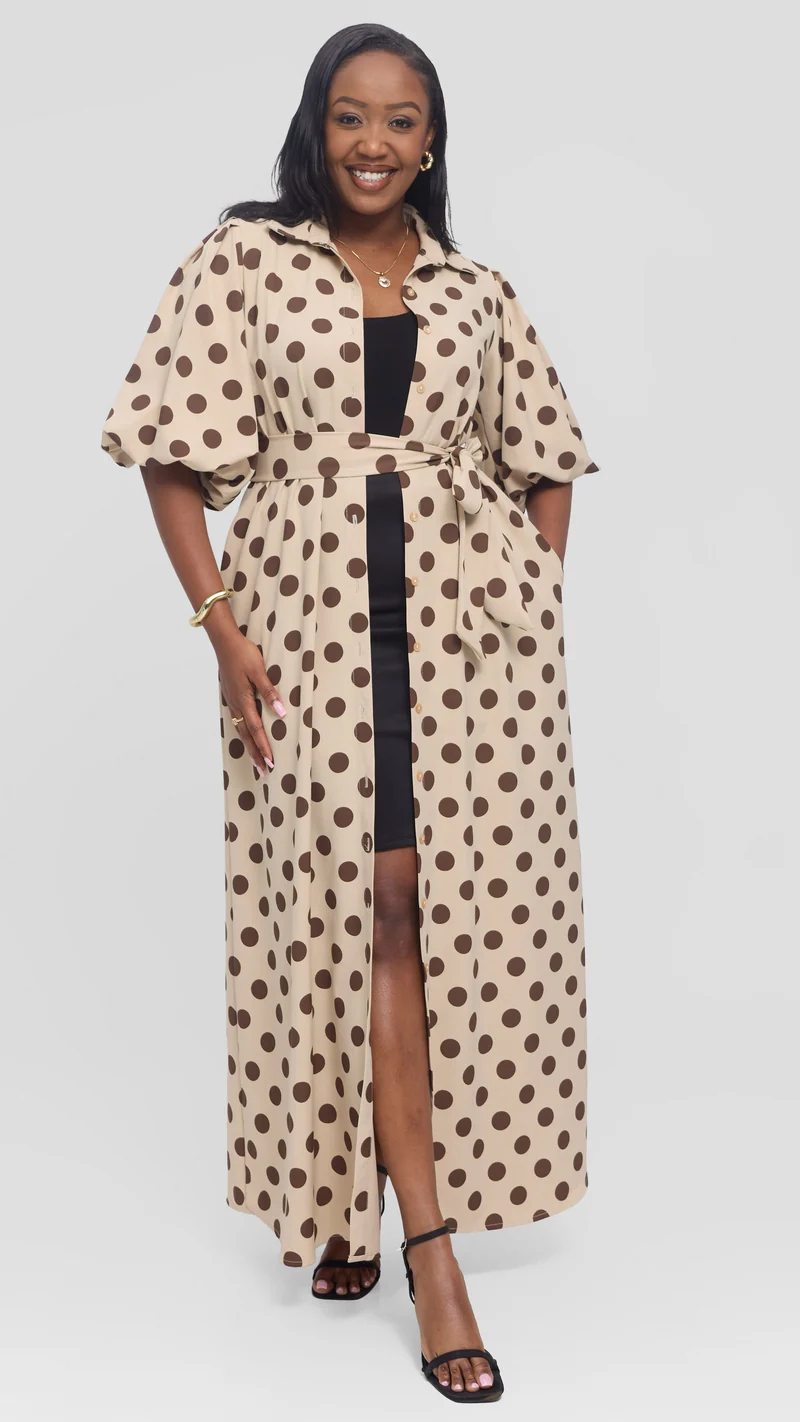 Vivo Esna Bubble Sleeve Maxi Dress in Crepe - Beige / Brown Polka Dot