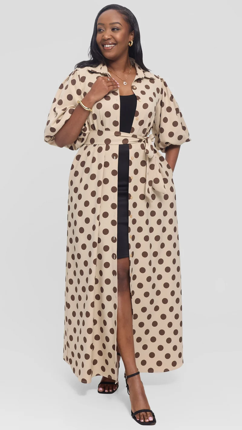 Vivo Esna Bubble Sleeve Maxi Dress in Crepe - Beige / Brown Polka Dot