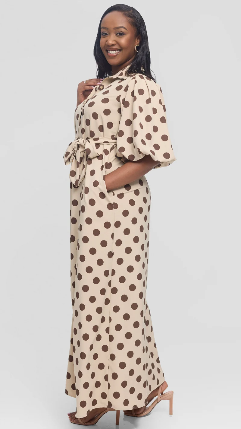 Vivo Esna Bubble Sleeve Maxi Dress in Crepe - Beige / Brown Polka Dot