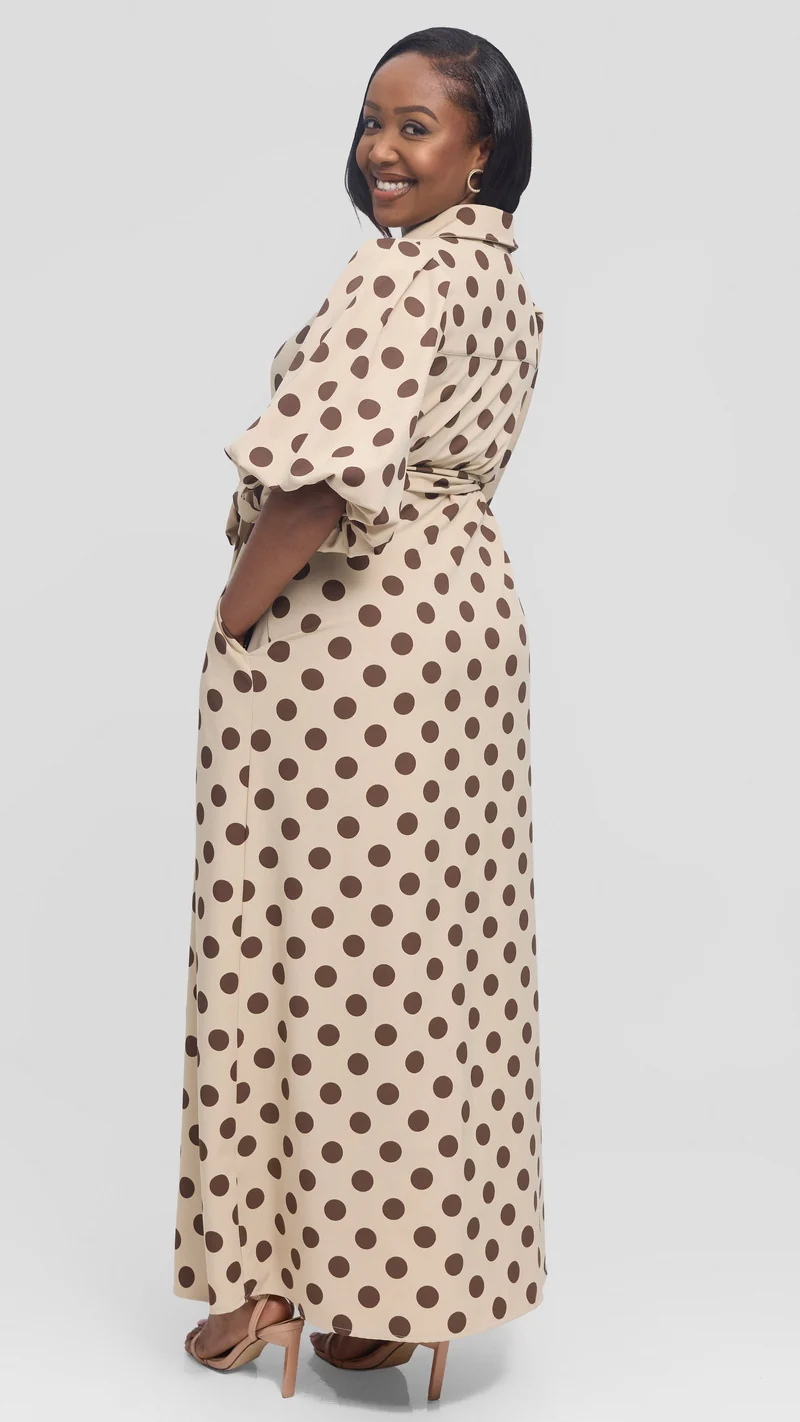 Vivo Esna Bubble Sleeve Maxi Dress in Crepe - Beige / Brown Polka Dot
