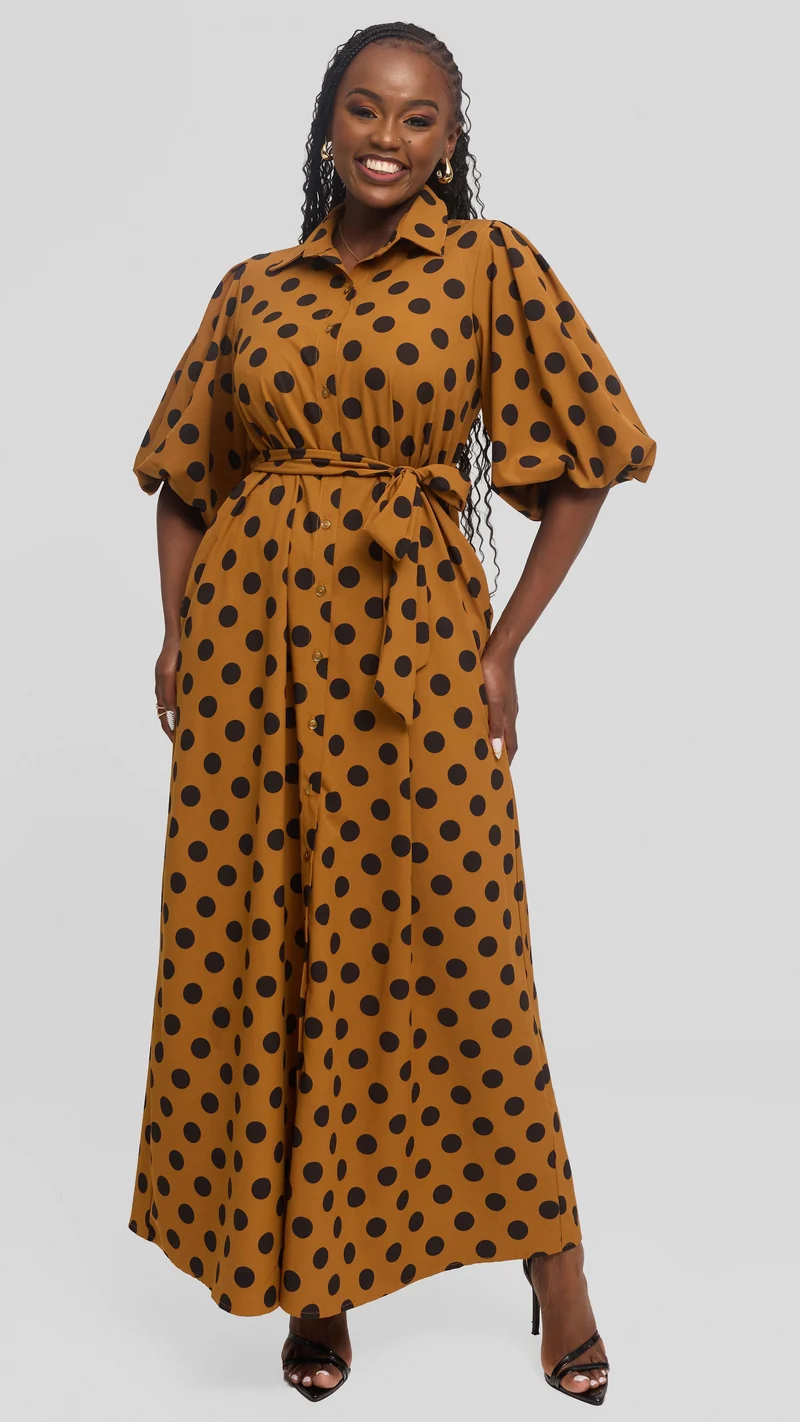 Vivo Esna Bubble Sleeve Maxi Dress in Crepe - Dark Mustard / Black Polka Dot