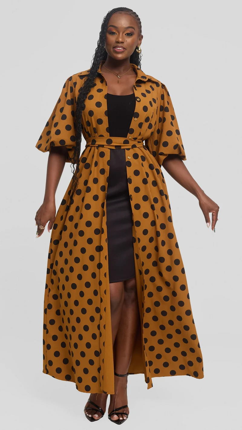 Vivo Esna Bubble Sleeve Maxi Dress in Crepe - Dark Mustard / Black Polka Dot