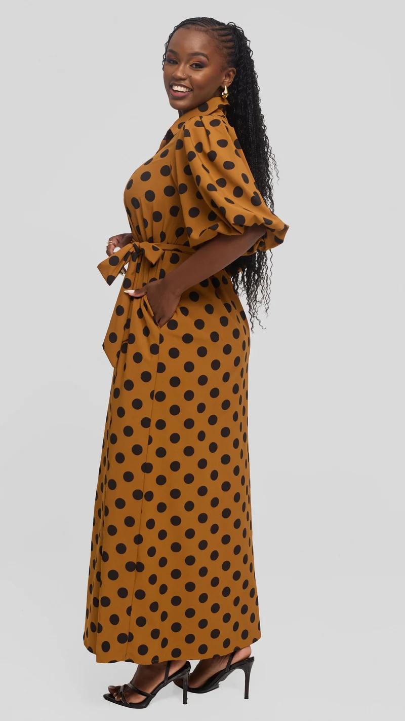 Vivo Esna Bubble Sleeve Maxi Dress in Crepe - Dark Mustard / Black Polka Dot
