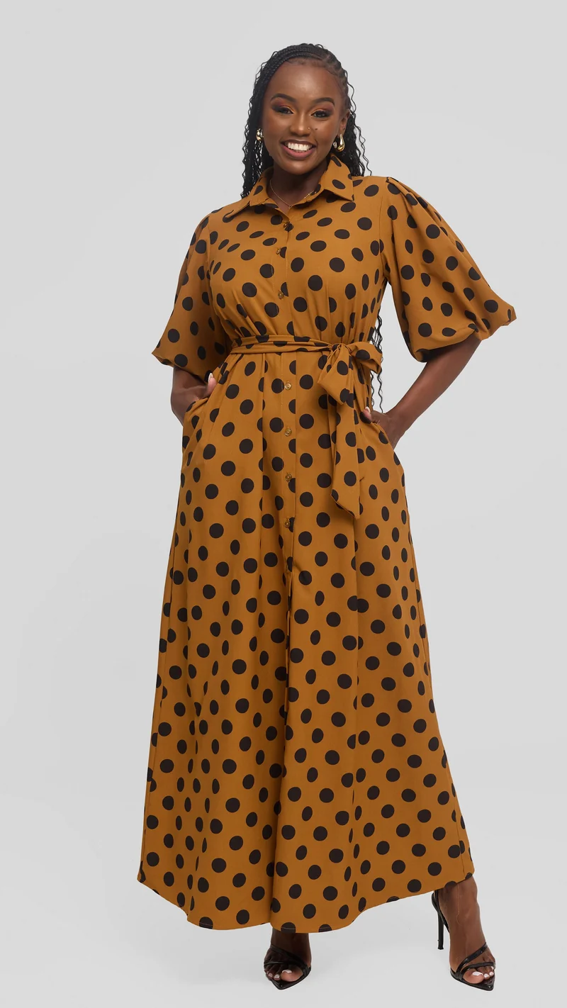 Vivo Esna Bubble Sleeve Maxi Dress in Crepe - Dark Mustard / Black Polka Dot