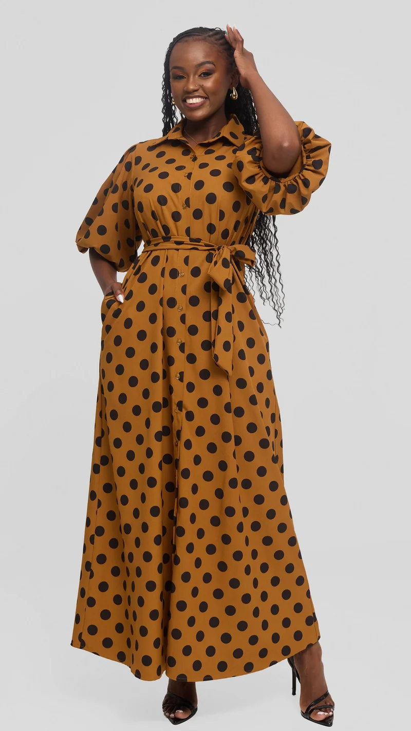 Vivo Esna Bubble Sleeve Maxi Dress in Crepe - Dark Mustard / Black Polka Dot